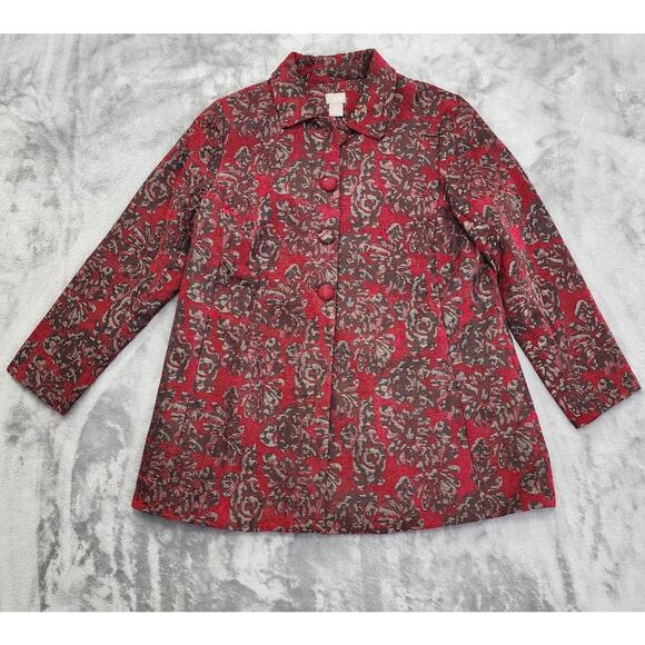 Chico's Floral Jacquard Button Front Jacket Size 1P 8/10P Red Lined Pockets - Picture 1 of 9